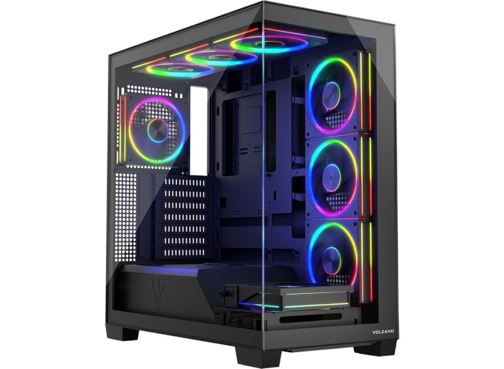 Obudowa MODECOM Volcano Stellar ARGB 8F Midi Widok wnętrza obudowy komputerowej z prawej strony; trzy przednie wentylatory RGB, jeden tylny oraz trzy na górze, brak zainstalowanych komponentów, wentylatory, rozłożenie, kontroler