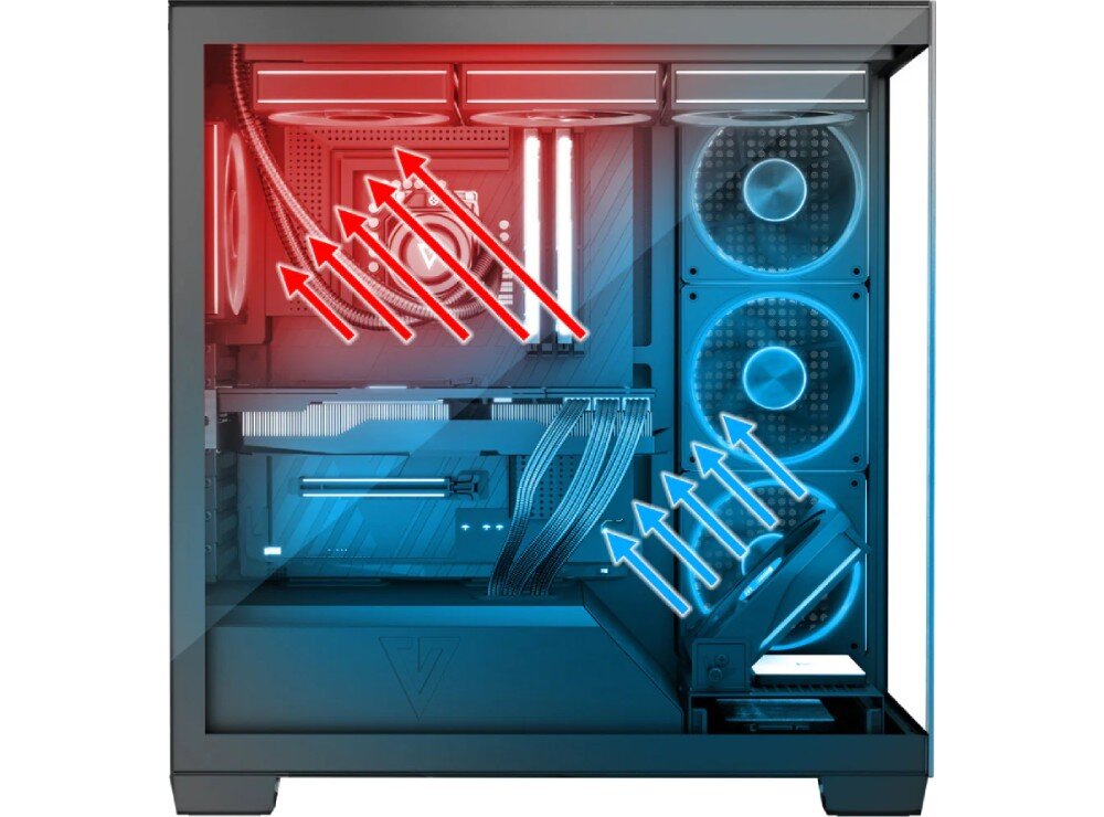Obudowa MODECOM Volcano Stellar ARGB 8F Midi Przekrój boczny wnętrza obudowy komputerowej z zaznaczonym kierunkiem przepływu powietrza przy pomocy niebieskich i czerwonych strzałek; pokazany zamontowany sprzęt, w tym karta graficzna i chłodzenie, ramka wentylatora, regulowany kąt
