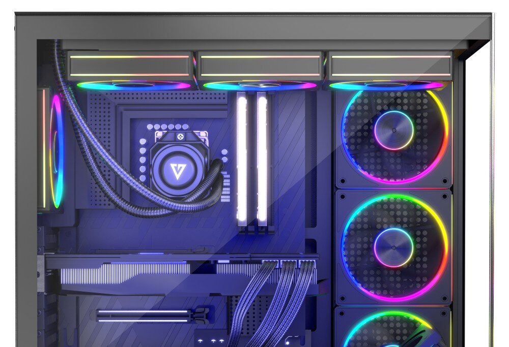 Obudowa MODECOM Volcano Stellar ARGB 8F Midi Zbliżenie na górną część wnętrza obudowy; pokazane chłodzenie wodne na górnym panelu oraz wentylatory RGB zamontowane z przodu i z tyłu, chłodzenie wodne, radiatory