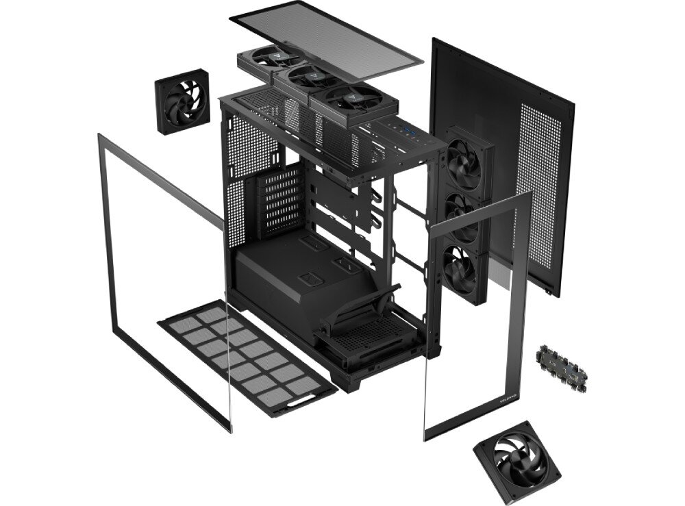 Obudowa MODECOM Volcano Stellar ARGB 8F Midi Rozłożona na części obudowa komputerowa; wszystkie elementy – panele, wentylatory, filtry i kontroler – przedstawione osobno w przestrzeni, montaż, zatrzaski, demontaż