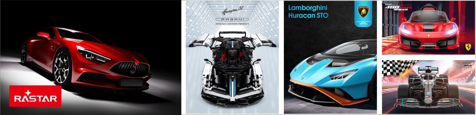 Obraz przedstawia pięć różnych samochodów sportowych, w tym czerwony samochód z logo RASTAR, model Lamborghini Huracan STO oraz inne pojazdy wyścigowe. Każdy z samochodów jest przedstawiony na osobnym tle, a niektóre z nich mają widoczne logo producenta.