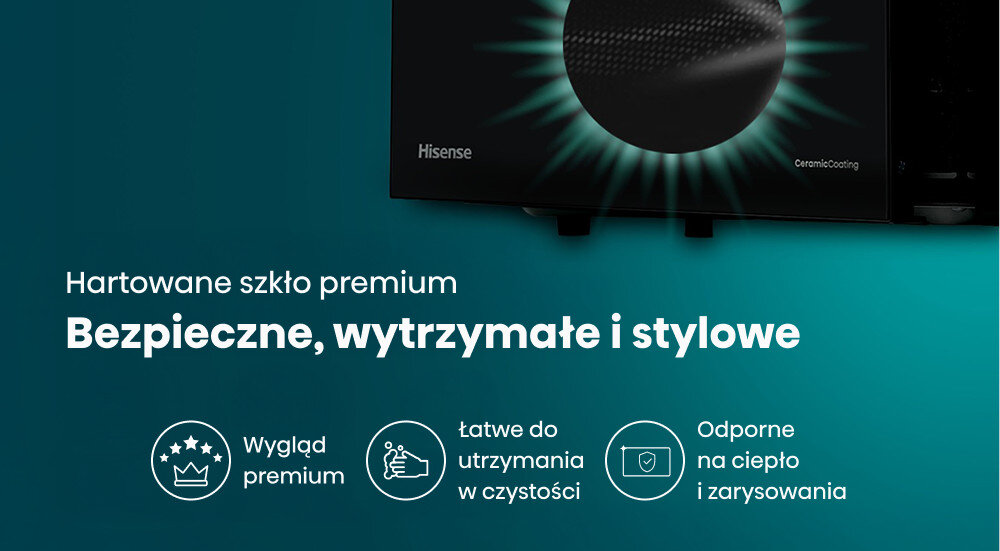 KUCHNIA MIKROFALOWA HISENSE H20MOBP1HI szkło hartowane drzwi szklane mikrofalówka stylowa mikrofalówka odporna na zarysowania wytrzymała mikrofalówka design premium