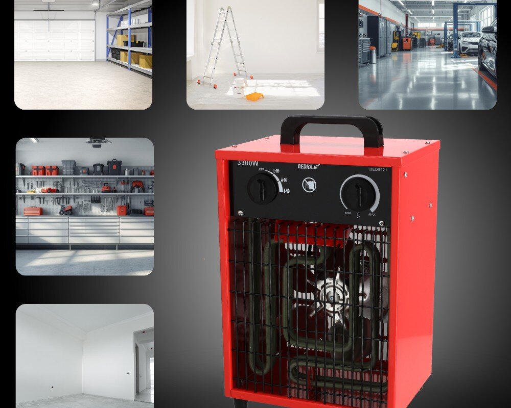 Nagrzewnica elektryczna DEDRA DED9921, 35, ciepło, grzanie, nawiew, Dedra DED9921 na grafice z zastosowaniami – garaż, warsztat, remont, hala, dom.