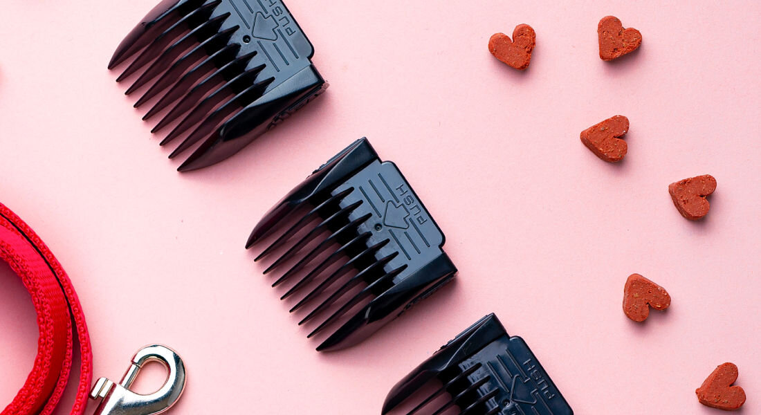 Na różowym tle znajdują się trzy czarne nasadki do maszynki z napisem \'PUSH\' oraz kilka czerwonych serduszek. Widoczny jest także fragment czerwonej smyczy z metalowym karabińczykiem.