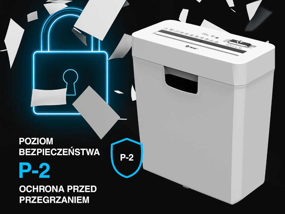 Niszczarka TRACER Razor 3 10 L, P-2, Paski, Automatyczny Start/Stop, Funkcja cofania Biały prezentacja niszczarki od przodu pod kątem czarne tło z latającymi kartkami napis P-2 ikona kłódki norma DIN 66399 paski 6 mm ochrona danych