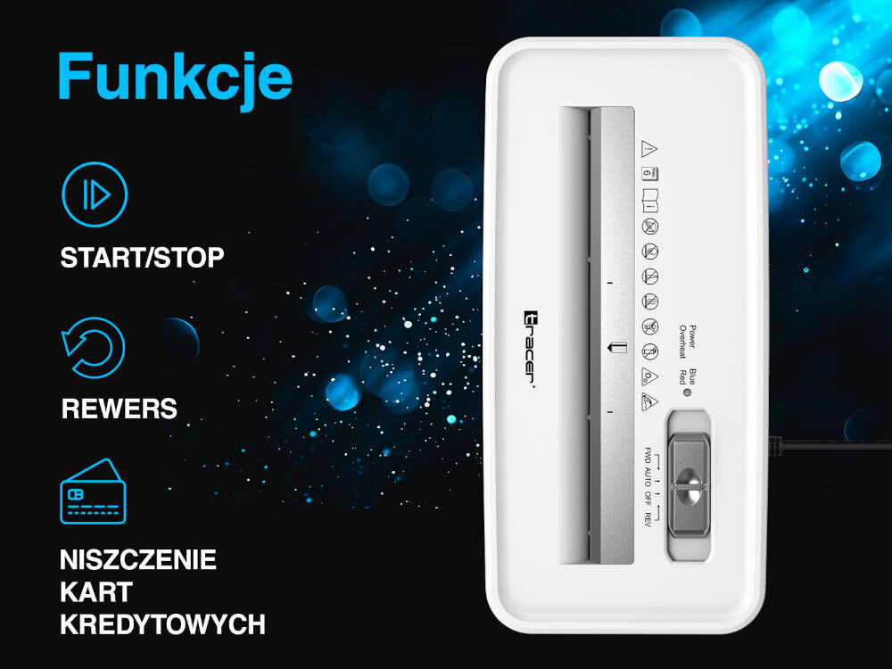 Niszczarka TRACER Razor 3 10 L, P-2, Paski, Automatyczny Start/Stop, Funkcja cofania Biały prezentacja niszczarki od góry na czarno-niebieskim tle napisy i ikony z funkcjami automatyczny start i zatrzymanie sama się wyłączy funkcja cofania zapobieganie zacięciom komfort