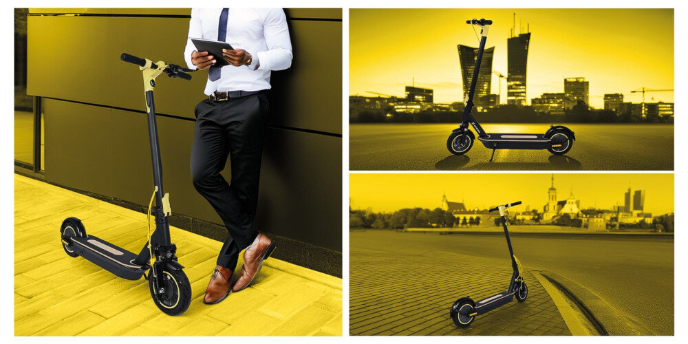 Hulajnoga elektryczna XRIDER M10 ME 65km 500W Amortyzacja 10 cali Czarny hulajnoga na tle miasta w trzech ujęciach innowacyjna technologia stylowy design dynamiczna ekscytująca jazda silny cichy silnik elektryczny płynne przyspieszenie stabilną jazdę