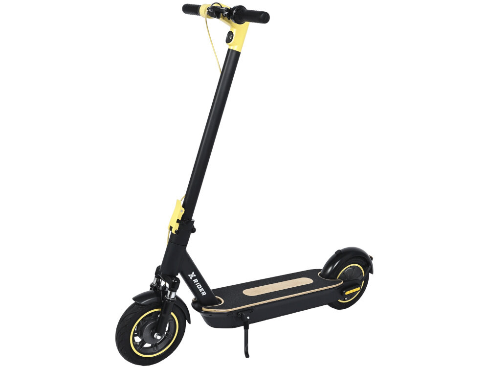 Hulajnoga elektryczna XRIDER M10 ME 65km 500W Amortyzacja 10 cali Czarny hulajnoga na białym tle widoczna od przodu bezpieczeństwo przednie i tylne światła dobra widoczność