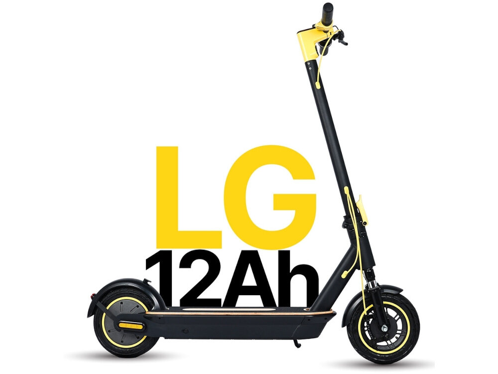 Hulajnoga elektryczna XRIDER M10 ME 65km 500W Amortyzacja 10 cali Czarny  hulajnoga na tle napisu LG widoczna z boku bateria LG 12 Ah/ 36 V zasięg do 65 km bateria litowo-jonowa czas ładowania około 7-8 godzin maksymalna prędkość do 20 km/h