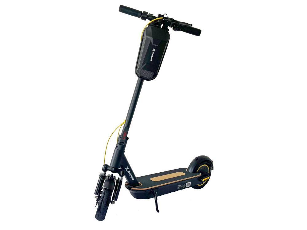 Hulajnoga elektryczna XRIDER M10 ME 65km 500W Amortyzacja 10 cali Czarny hulajnoga na białym tle widoczna od przodu silnik bezszczotkowy moc 500 W kat nachylenia podjazdów do 15 stopi moment szczytowy PEAK moc do 1000 W
