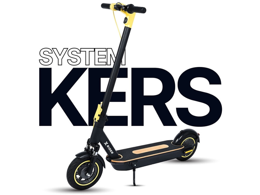 Hulajnoga elektryczna XRIDER M10 ME 65km 500W Amortyzacja 10 cali Czarny hulajnoga na tle napisu KERS widoczna od przodu system KERS zasilana akumulatorem nie emituje niebezpiecznych substancji odzyskiwanie energii kinetycznej pojazdu podczas hamowania bateria będzie starczała na dłużej zasięg będzie większy