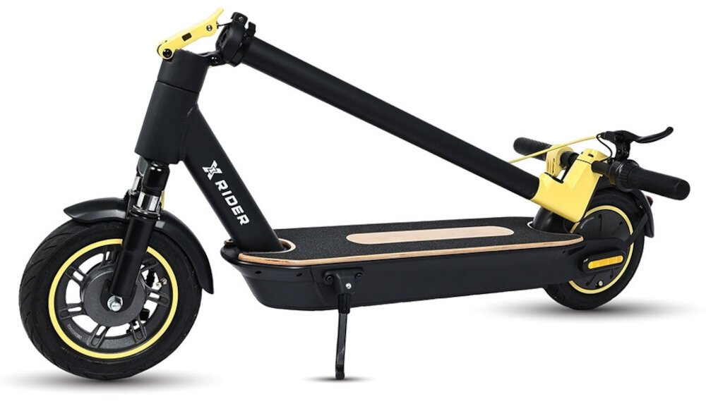Hulajnoga elektryczna XRIDER M10 ME 65km 500W Amortyzacja 10 cali Czarny hulajnoga w pozycji złożonej waga 18 kg składana konstrukcja wygodny transport
