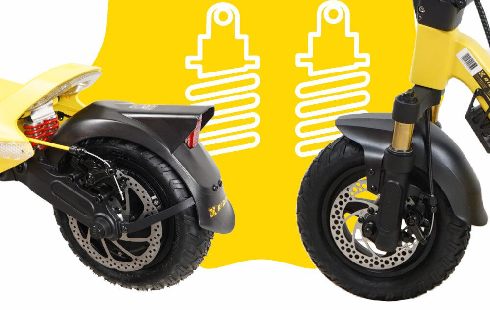 Hulajnoga elektryczna XRIDER MX10 MAX Żółty duze opony marki CST srednica 10 cali podwojna amortyzacja na przedniej i tylnej osi absorbowanie wstrzasow