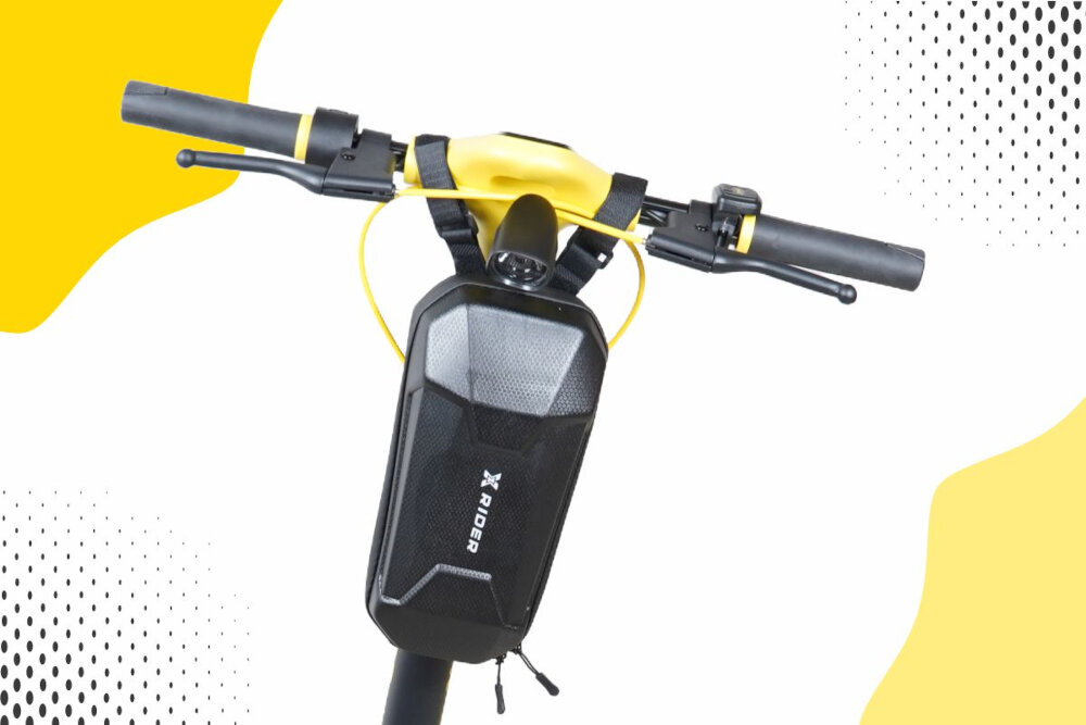 Hulajnoga elektryczna XRIDER MX10 MAX Żółty sakwa do przechowywania niezbednych rzeczy skladana stopka wytrzymaa nozka zamontowana w centralnym punkcie ciezkosci