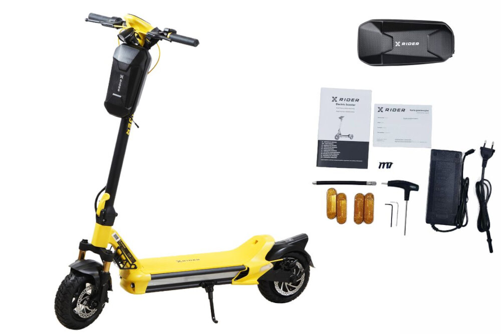 Hulajnoga elektryczna XRIDER MX10 MAX Żółty zestaw ladowarka sakwa przedluzka do pompowania opon odblaski klucze do montazu dokumentacja