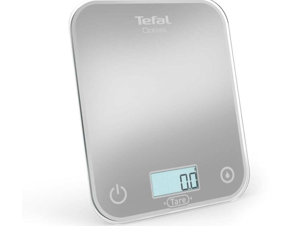 Waga kuchenna TEFAL BC50U4V0 waga stoi bokiem srebrna przyciski wyświetlacz białe tło precyzja estetyczny wygląd uniwersalność początkujący entuzjasta gotowania szef kuchni do ważenia składników kulinarne eksperymenty w codziennym użytkowaniu jakość dbałość o detale precyzyjne pomiary trwałość urządzenia funkcjonalność wygoda użytkowania 