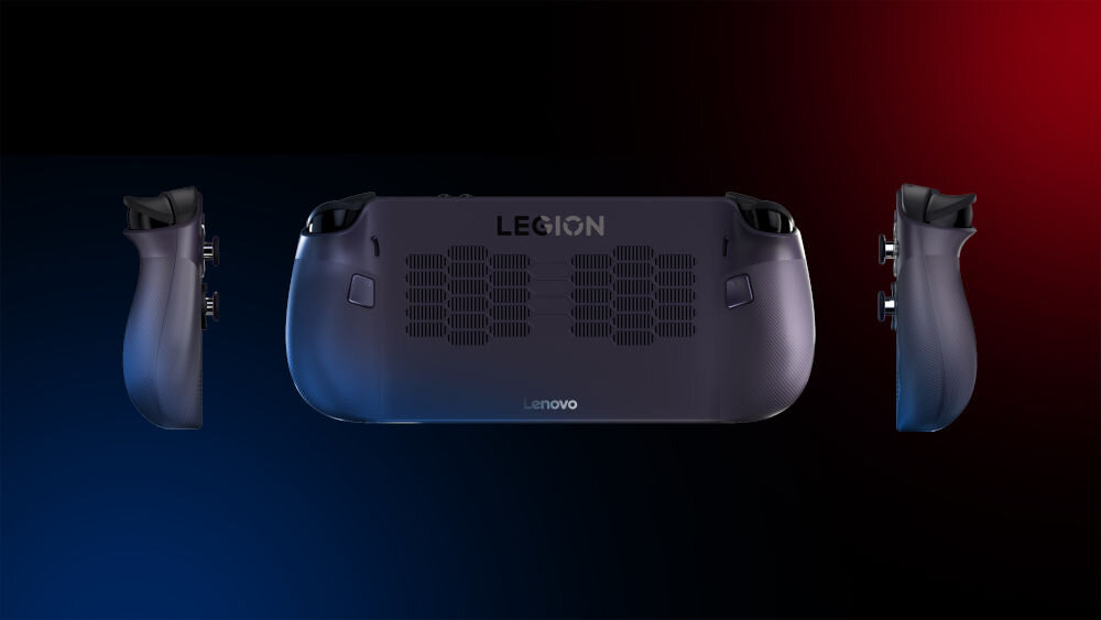 Konsola LENOVO Legion Go S Steam Os Fioletowy prezentacja konsoli od boków i tyłu na ciemnym tle z czerwoną i niebieską poświatą wymiary 298,5 x 127,55 x 22,6 mm waga 740 g wygoda
