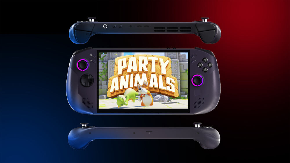 Konsola LENOVO Legion Go S Steam Os Fioletowy prezentacja konsoli od przodu góry i dołu na ciemnym tle z niebieską i czerwoną poświatą na ekranie gra bateria 55,5 Wh ładowarka 65W USB-C wydajność mobilność