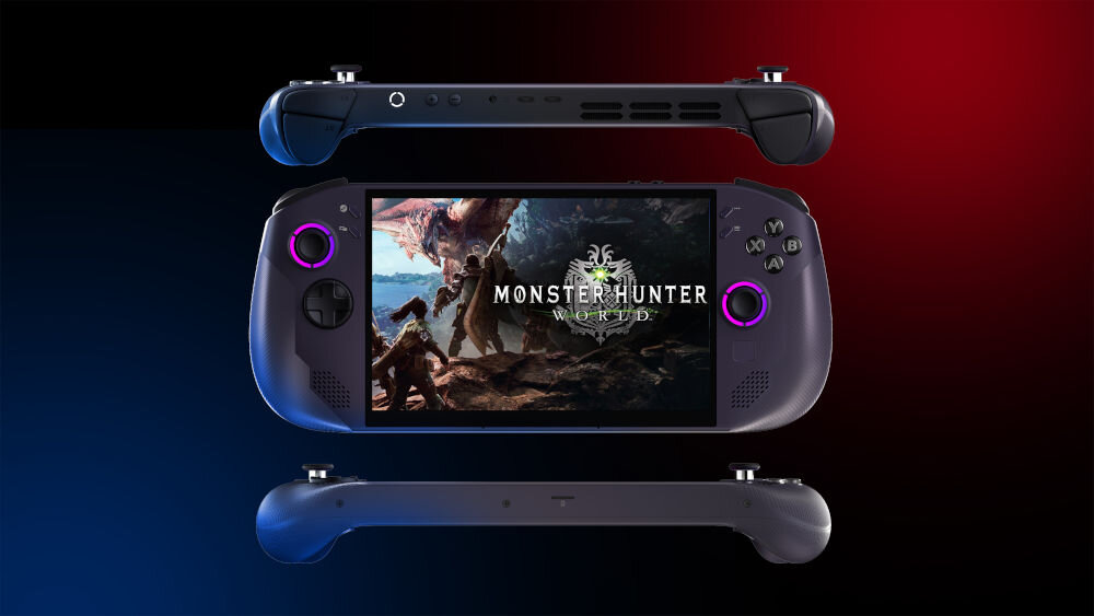 Konsola LENOVO Legion Go S Steam Os Fioletowy prezentacja konsoli od przodu góry i dołu na ciemnym tle z niebieską i czerwoną poświatą na ekranie gra Wi-Fi 6E Bluetooth 5.3 gniazdo słuchawkowe mikrofonowe 3,5 mm czytnik kart microSD 2x USB4 Power Delivery DisplayPort szybki transfer kompatybilność