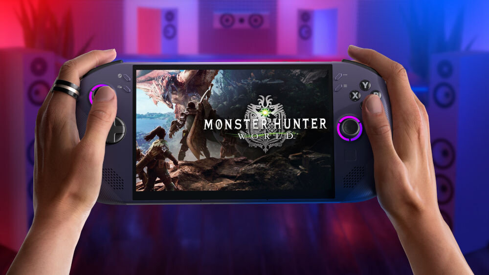 Konsola LENOVO Legion Go S Steam Os Fioletowy prezentacja konsoli trzymanej w rękach na ekranie gra w tle pokój z głośnikami z poświatą czerwonego i niebieskiego koloru zintegrowana grafika AMD Radeon płynność wyraźny obraz