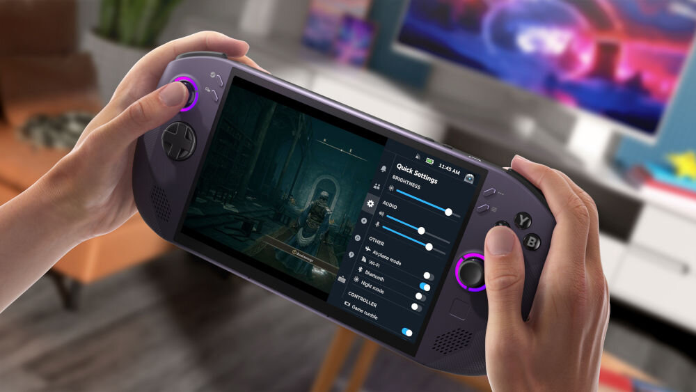 Konsola LENOVO Legion Go S Steam Os Fioletowy prezentacja konsoli trzymanej w rękach w tle pokój na ekranie menu ustawień 16 GB LPDDR5x szybkie przetwarzanie wielozadaniowość