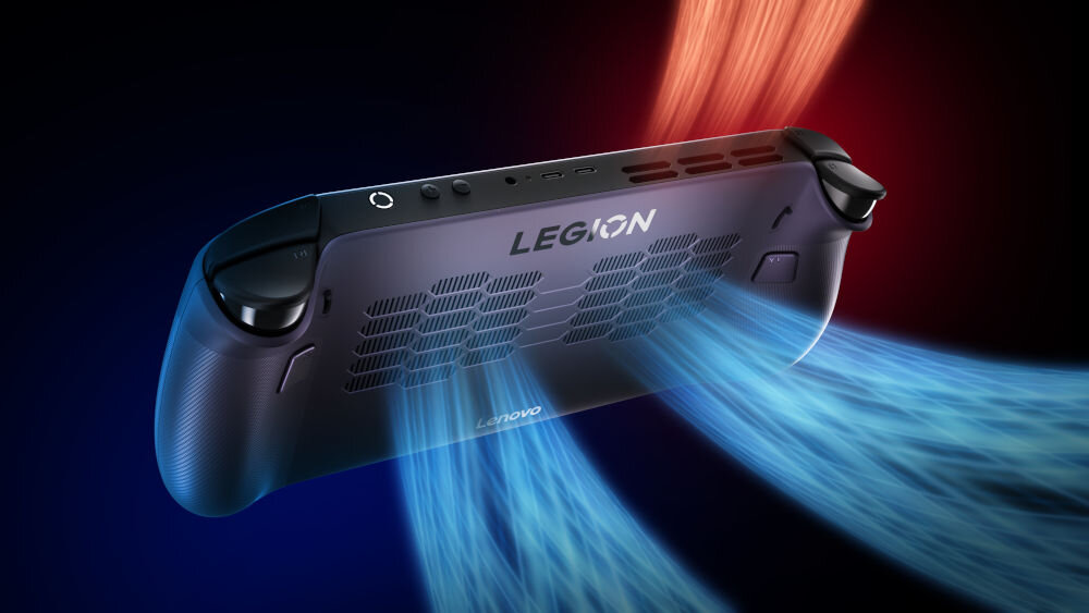 Konsola LENOVO Legion Go S Steam Os Fioletowy wizualizacja systemu chłodzenia wciągane ciepłe powietrze wypuszczane chłodne system chłodzenia Legion Coldfront stabilność