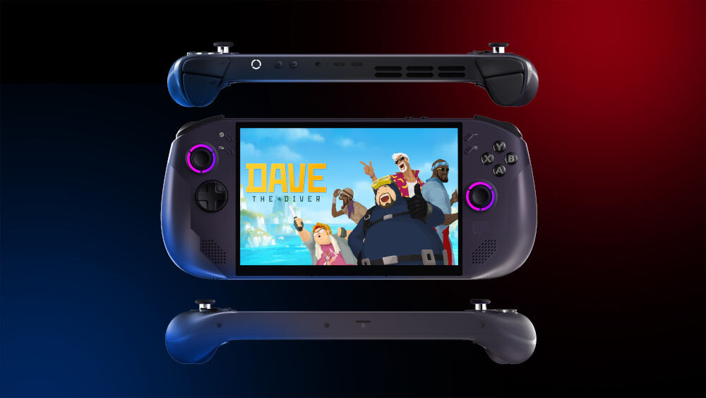 Konsola LENOVO Legion Go S Steam Os Fioletowy prezentacja konsoli od przodu góry i dołu na ciemnym tle z niebieską i czerwoną poświatą na ekranie gra 8-calowy ekran IPS 1920 x 1200 px jasność komfort