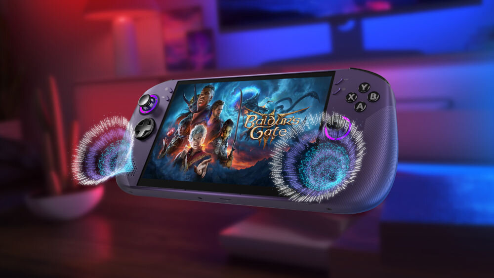 Konsola LENOVO Legion Go S Steam Os Fioletowy prezentacja konsoli pod kątem od przodu w tle pokój niebieska i czerwona poświata na ekranie gra imitacja działających głośników 120 Hz odświeżanie VRR płynność redukcja zacięć