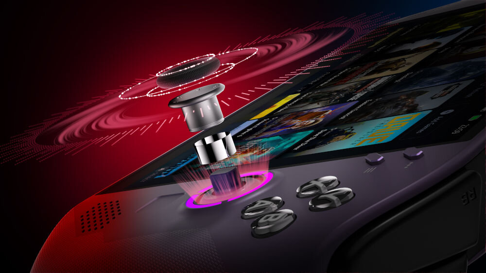 Konsola LENOVO Legion Go S Steam Os Fioletowy prezentacja budowy joysticka konsoli na czerwonym tle Legion TrueStrike Controllers antypoślizgowa faktura adaptacyjne triggery joysticki efekt Halla precyzja komfort