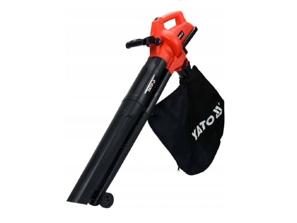 Odkurzacz do liści YATO YT-85175 zasilany przez dwa akumulatory o napięciu 18 V każdy regulowana prędkość oborotowa silnika w zakresie 6000-12000 obr/min wydajna maszyna strumień powietrza o maksymalnej prędkości do 230 km/h maksymalna wydajność do 8 m3/min produkt bez akumulatora i ładowarki