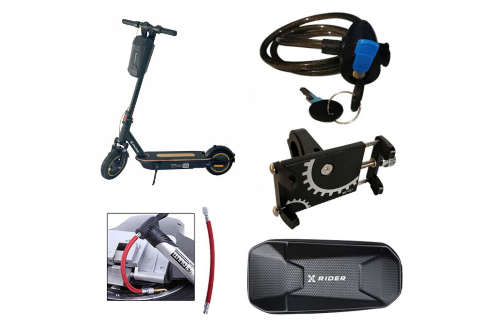 Hulajnoga elektryczna XRIDER M10 PRO Czarny zestaw ladowarka sakwa uchwyt na telefon przedluzka do pompowania opon linka antykradziezowa klucz i sruby do montazu dokumentacja