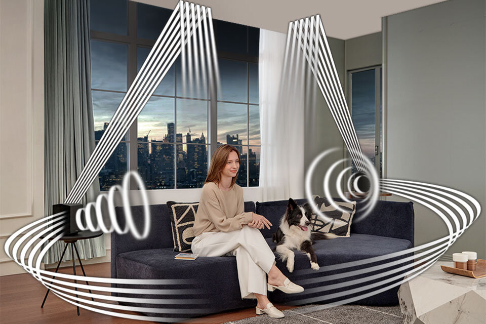 Dźwięk Bezprzewodowych Tylnych Głośników odbija się od ścian i sufitu