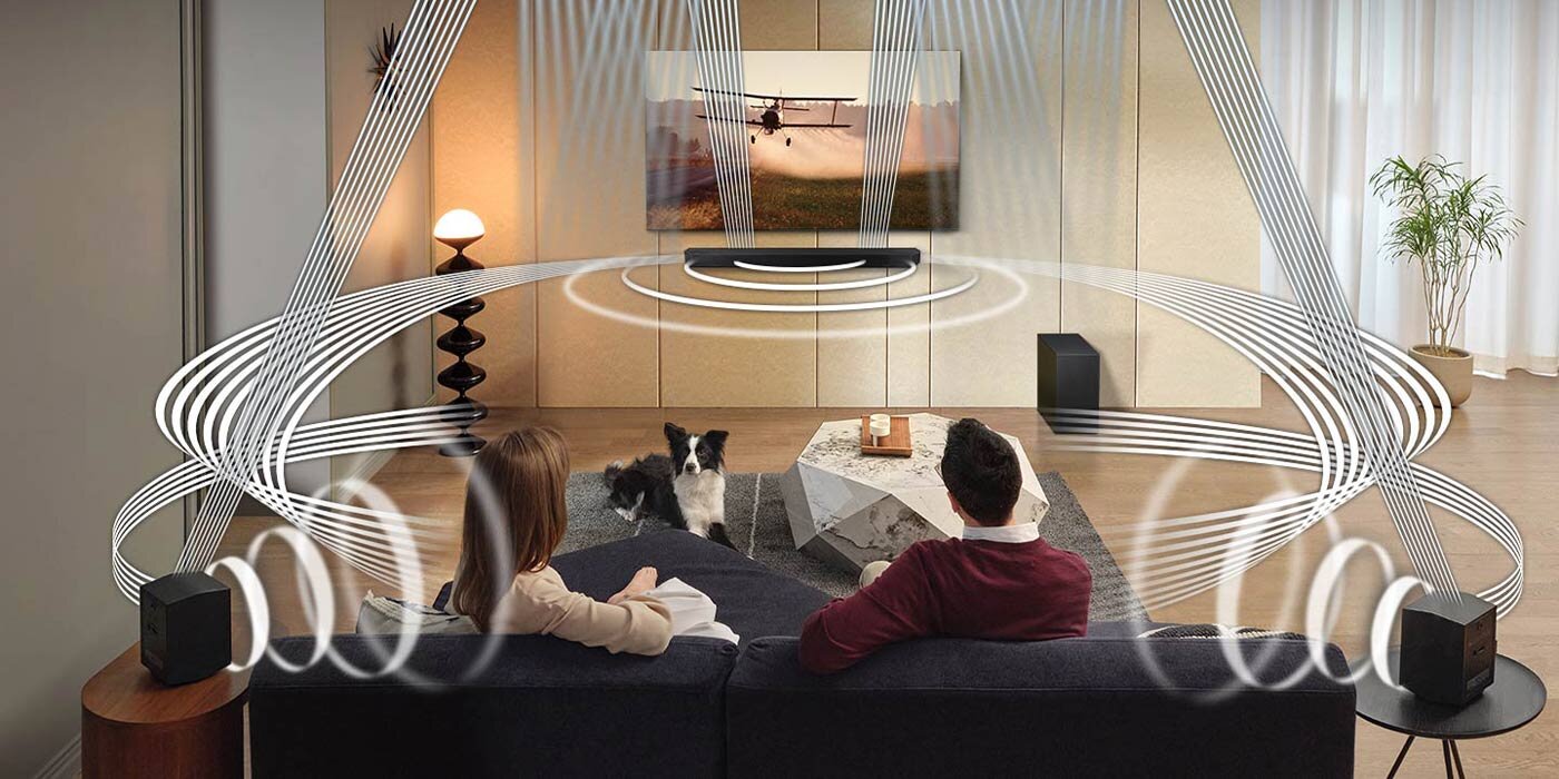 Wielokanałowy Dźwięk Przestrzenny 11.1.4 wypełniający nowoczesny salon Wielokanałowy Dźwięk Przestrzenny 11.1.4 wypełniający nowoczesny salon