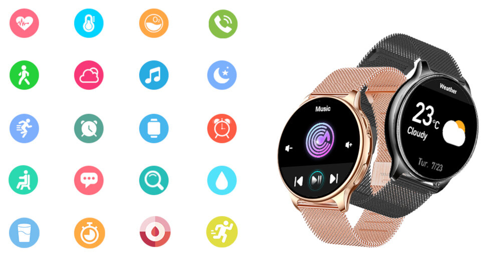 Smartwatch BEMI Trevio wyświetlacz dopasowanie tarcza zdrowie saturacja krwi ciśnienie krwi sen monitoring oddech cykl menstruacyjny powiadomienia wiadomości alarmy jakość tryby sportowe długa praca