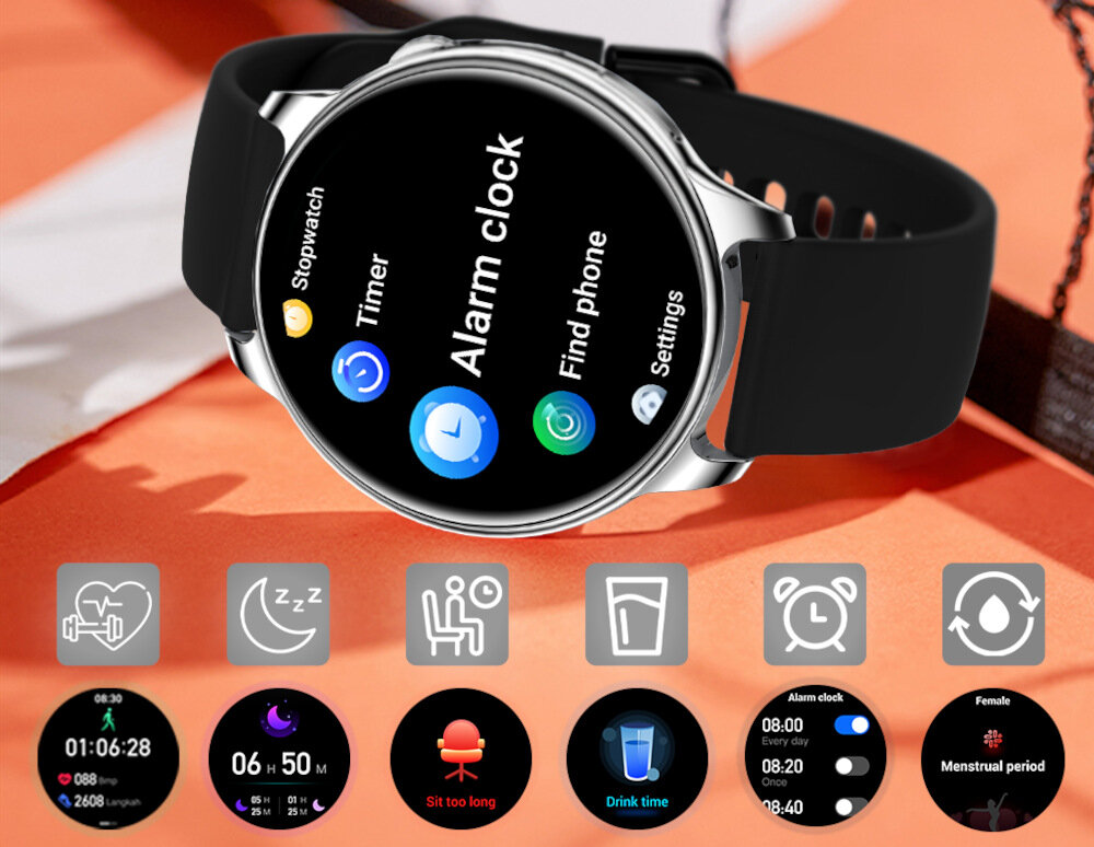 Smartwatch BEMI Trevio wyświetlacz dopasowanie tarcza zdrowie saturacja krwi ciśnienie krwi sen monitoring oddech cykl menstruacyjny powiadomienia wiadomości alarmy jakość tryby sportowe długa praca