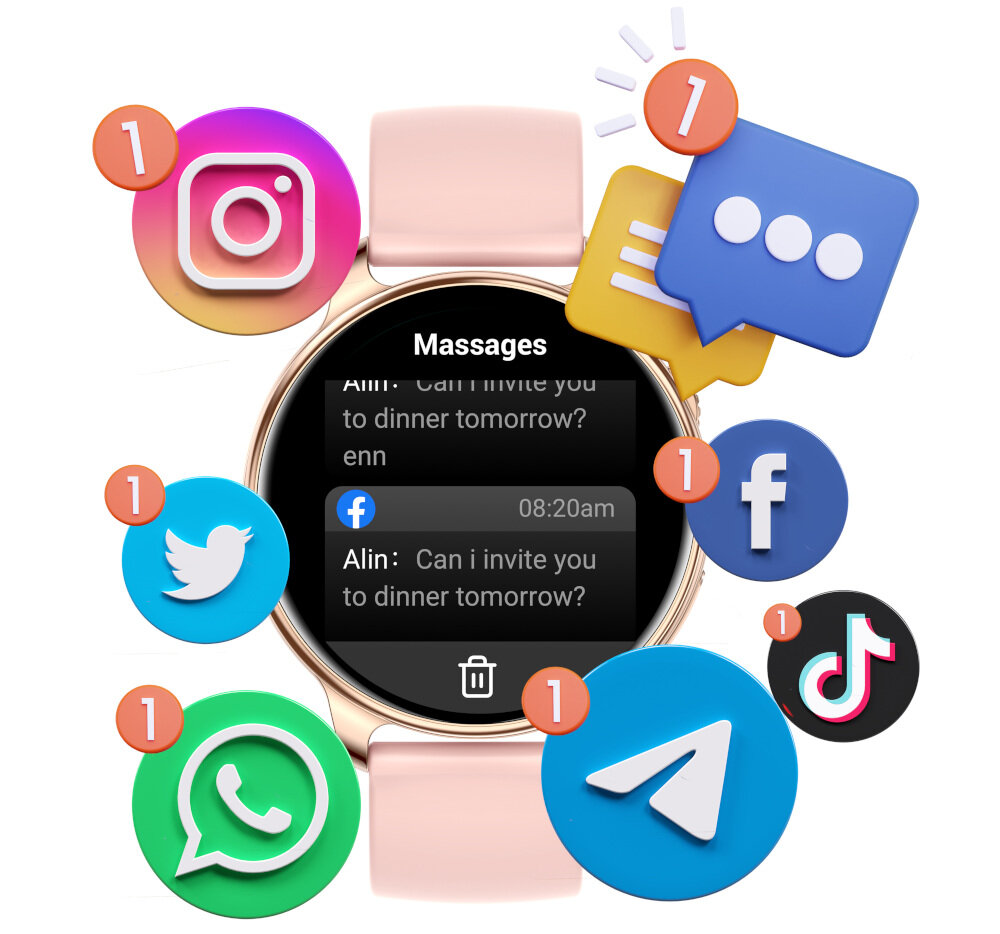 Smartwatch BEMI Trevio wyświetlacz dopasowanie tarcza zdrowie saturacja krwi ciśnienie krwi sen monitoring oddech cykl menstruacyjny powiadomienia wiadomości alarmy jakość tryby sportowe długa praca