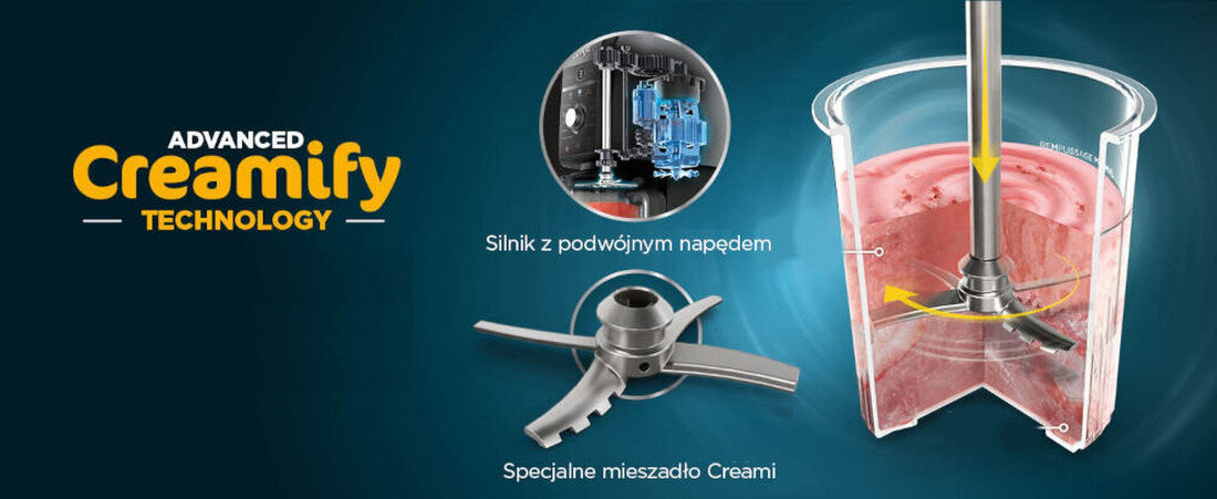 Maszynka do lodów NINJA Creami Deluxe NC502EU Technologia CREAMify Technologia CREAMify dwa potężne silniki Dual Drive łopatka Deluxe Creamerizer W zaledwie kilka minut