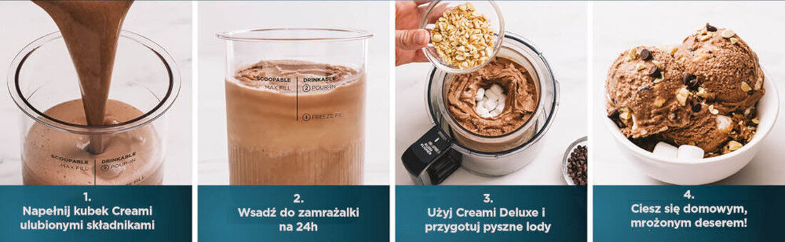 Maszynka do lodów NINJA Creami Deluxe NC502EU 4 proste kroki  delektuj się smakiem gotowego deseru minutnik informacja