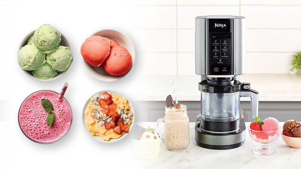 Maszynka do lodów NINJA Creami NC302EU wygląd prezentacja wizualizacja design Stwórz mrożone przysmaki zbliżenie na maszynkę i możliwości przygotowania przysmaki