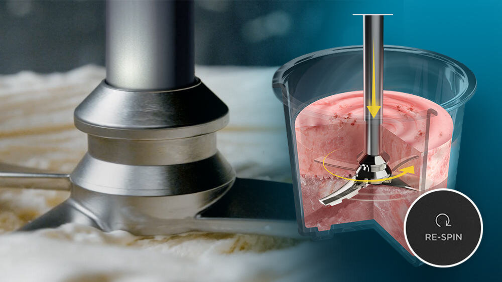 Maszynka do lodów NINJA Creami NC302EU Aksamitna gładkość ostrze pracuje w pioni każda porcja ma gładką, aksamitną strukturęe  Funkcja Re-Spin zbliżenie na gładkość