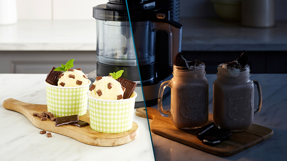 Maszynka do lodów NINJA Creami NC302E Na każdą porę dnia smoothie bowl orzeźwiający sorbet kremowe lody lub milkshake dopasowanie zbliżenie na lody zbliżenie na milkshake