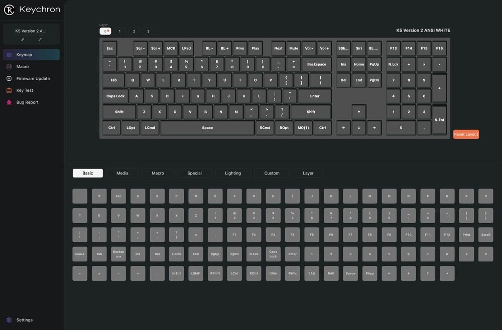KEYCHRON K5 KEYCHRON K5 Keychron Launcher mapowanie klawiszy, tworzenie makr oraz zarządzanie podświetleniem RGB bez potrzeby instalowania rozbudowanego oprogramowania - zrzut ekranu z oprogramowania