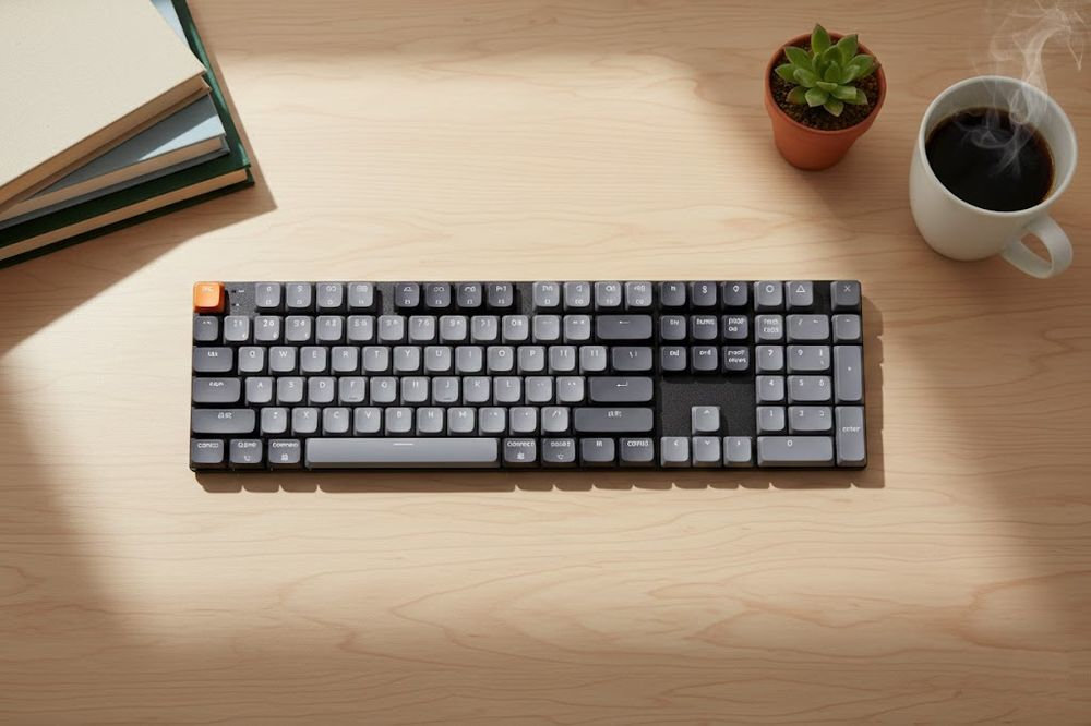 KEYCHRON K5 litowo-jonowy pojemności 4000 mAh 190 godzin pracy bez podświetlenia włączonym podświetleniu RGB 100 godzin - klawiatura z widoku od góry na drewnianym blacie, obok kawa