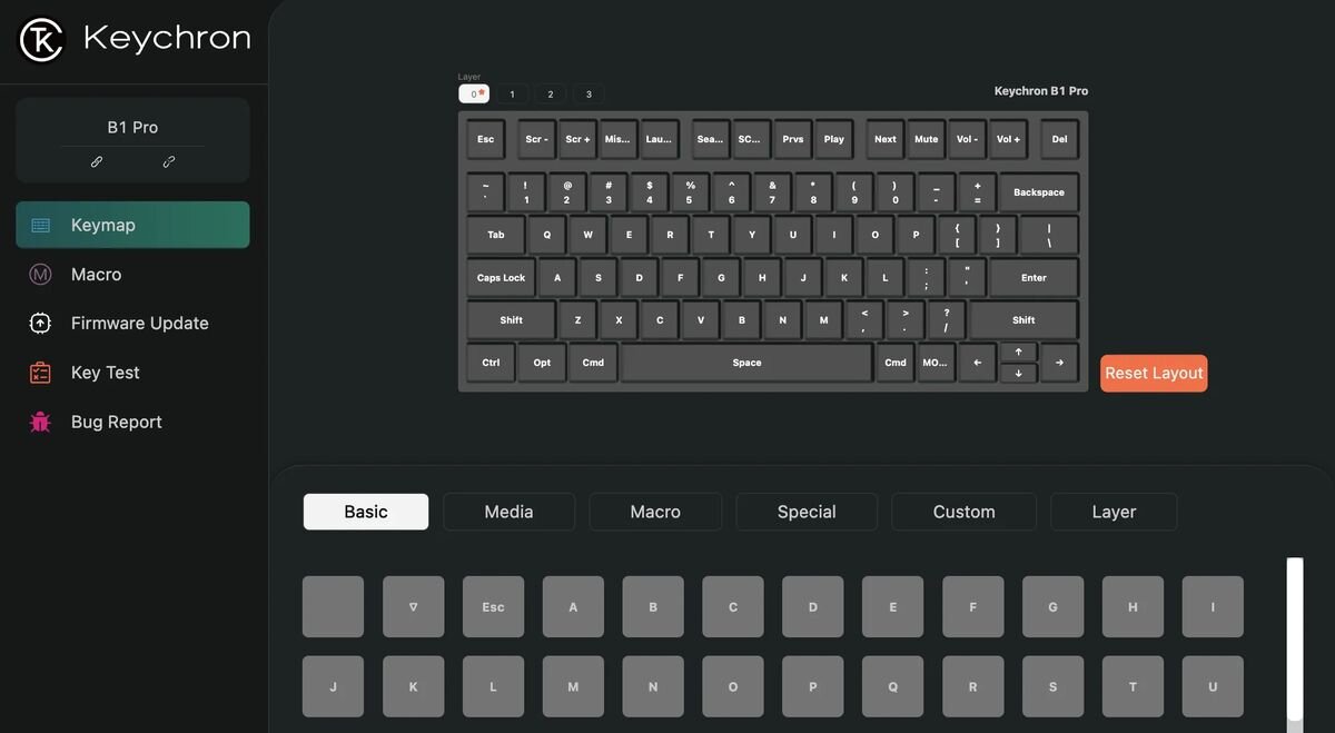 KEYCHRON B1 Pro dostosować układ klawiszy aplikacji KEYCHRON Launcher programujesz makra, skróty i indywidualne funkcje Personalizacja - zrzut ekranu z aplikacji dedykowanej