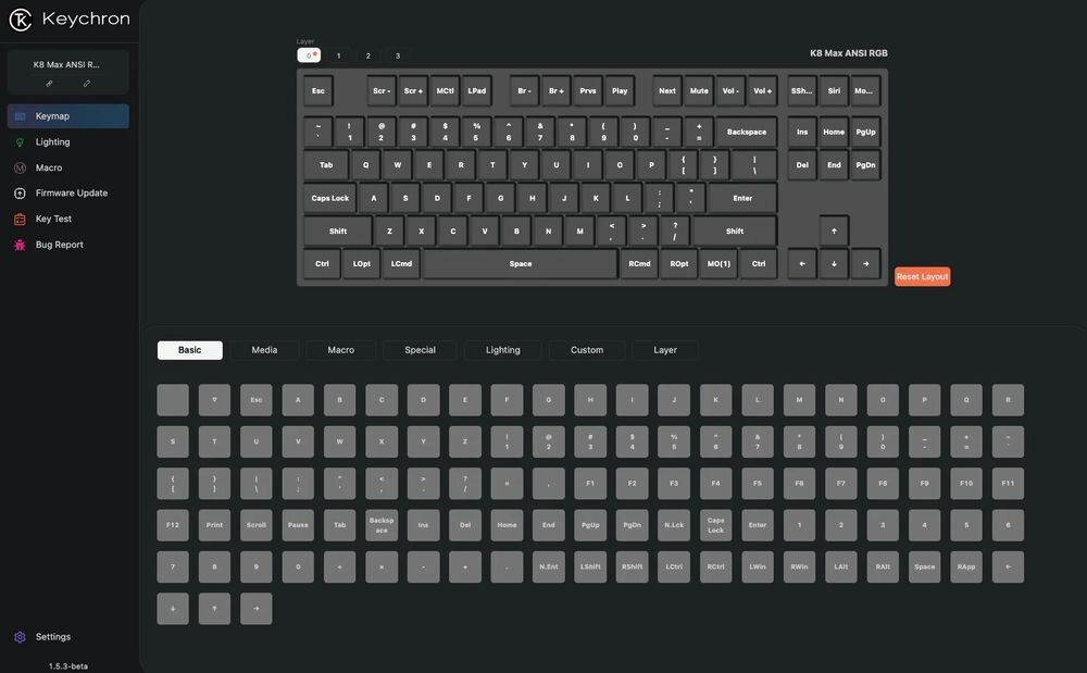 KEYCHRON K8 Max KEYCHRON K8 Max Keychron Launcher mapowanie klawiszy, tworzenie makr oraz zarządzanie podświetleniem RGB bez potrzeby instalowania rozbudowanego oprogramowania - zrzut ekranu z oprogramowania