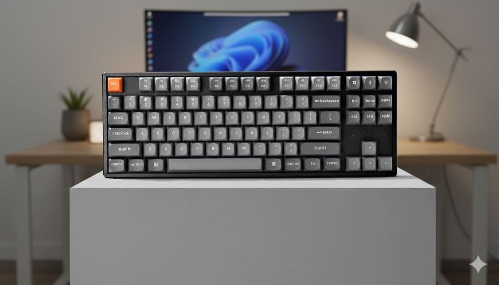 KEYCHRON K8 Max litowo-jonowy pojemności 4000 mAh 190 godzin pracy bez podświetlenia włączonym podświetleniu RGB 100 godzin - klawiatura pionowo na tle biurka