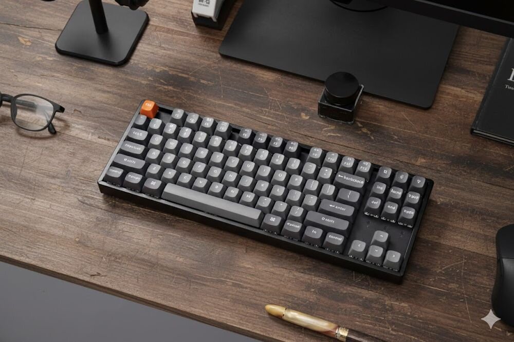 KEYCHRON K8 Max Technologia Hot-Swap wymianę switchy bez konieczności lutowania Keycapy OSA double-shot PBT odporne na zużycie i ścieranie - klawiatura na drewnianym blacie, obok akcesoria