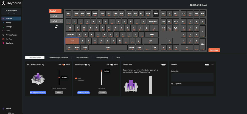 KEYCHRON Q3 HE Aplikacja internetowa Keychron Launcher przemapować klawisze, ustawić punkty aktywacji, skonfigurować przełączniki magnetyczne tworzyć własne makra, skróty i kombinacje klawiszy - zrzut ekranu z oprogramowania