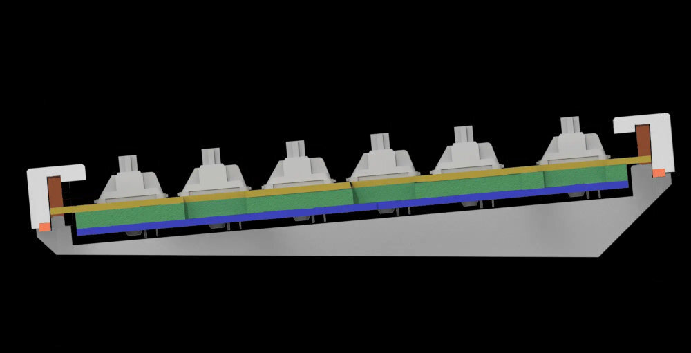 KEYCHRON Q3 HE Silikonowe uszczelki górną a dolną częścią obudowy redukują drgania i hałas dodatkowa podkładka akustyczna - przekrój klawiatury na czarnym tle