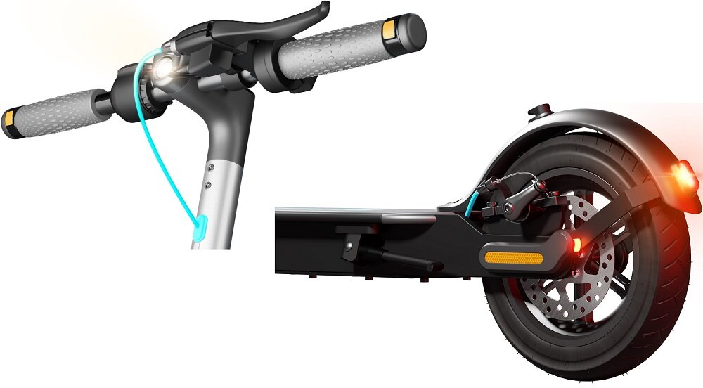 Hulajnoga elektryczna MOTUS Scooty 10 Lite GEN 5 Szary potrojny system oswietlenia przedni tylny boczny odblaski podczas hamowania swiatla pulsacyjne kierunkowskazy